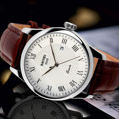 CakCity Men's Business Analogou Casual Watches Quartz Waterproof Wrist Watch with Golden Dial Brown Leather Band