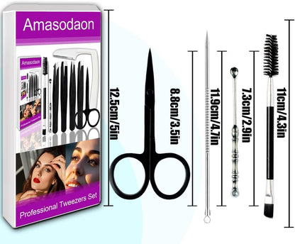 10-Piece Tweezers Set – Professional Stainless Steel Eyebrow & Facial Hair Grooming Tools – High-Precision for Splinter & Ingrown Hair Removal