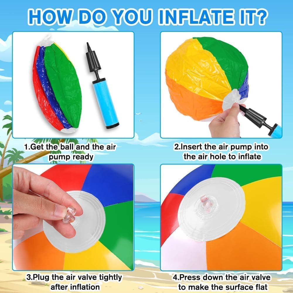 12-Pack Inflatable Beach Balls – 12-Inch Rainbow Design – Pool & Beach Play Use – Lightweight Summer Water Toys