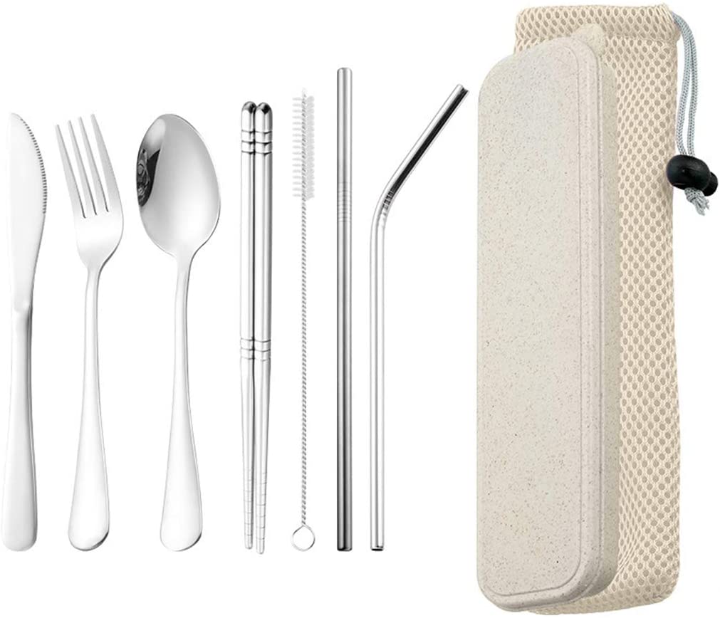 DZRZVD Portable Utensils Travel Camping Cutlery Set Including Knife Fork Spoon Chopsticks Cleaning Brush Straws Portable Case Stainless Steel Flatware Set