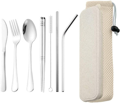 DZRZVD Portable Utensils Travel Camping Cutlery Set Including Knife Fork Spoon Chopsticks Cleaning Brush Straws Portable Case Stainless Steel Flatware Set