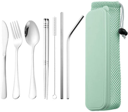 DZRZVD Portable Utensils Travel Camping Cutlery Set Including Knife Fork Spoon Chopsticks Cleaning Brush Straws Portable Case Stainless Steel Flatware Set