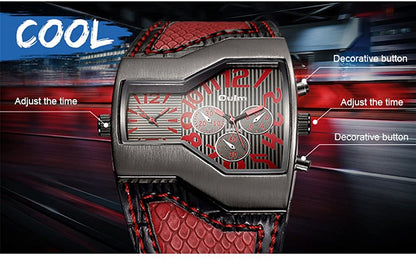 Mens Military Sports Watch Army Dual Time Movt Quartz Wristwatch with Leather Band Decorative Sub-dials