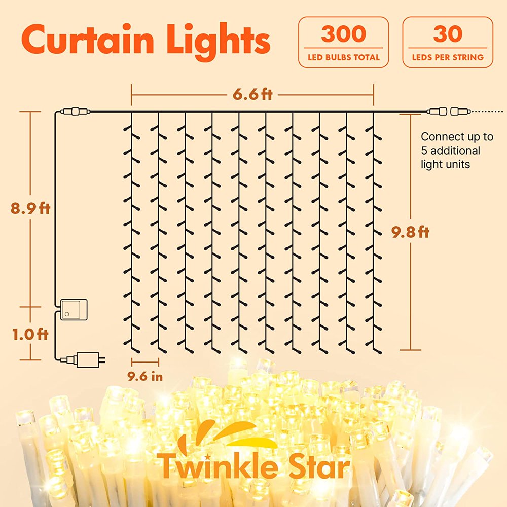 300 LED Window Curtain String Lights For  Wedding, Party, Home, Garden, Bedroom, Warm White