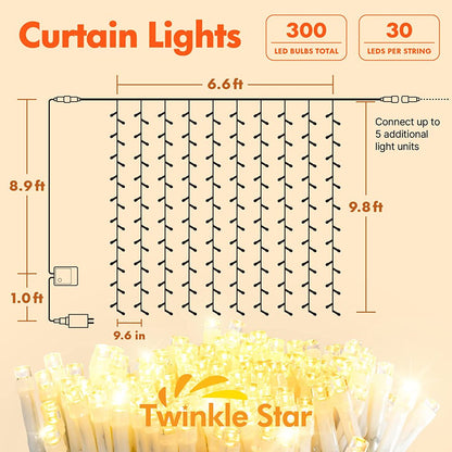  300 LED Window Curtain String Lights For  Wedding, Party, Home, Garden, Bedroom, Warm White