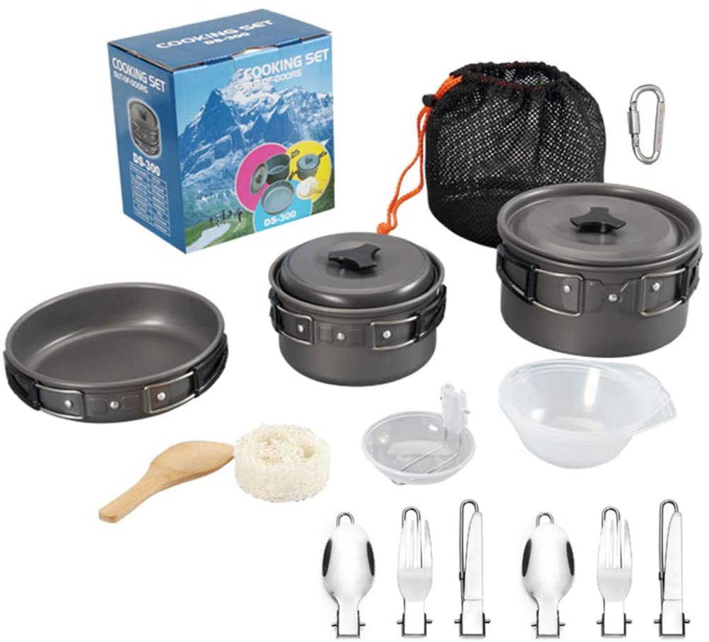 DZRZVD Camping Cookware Mess Kit Gear,Backpacking Accessories Equipment Pots and Pan Set with Mesh Carrying Bag for Hiking, Picnic