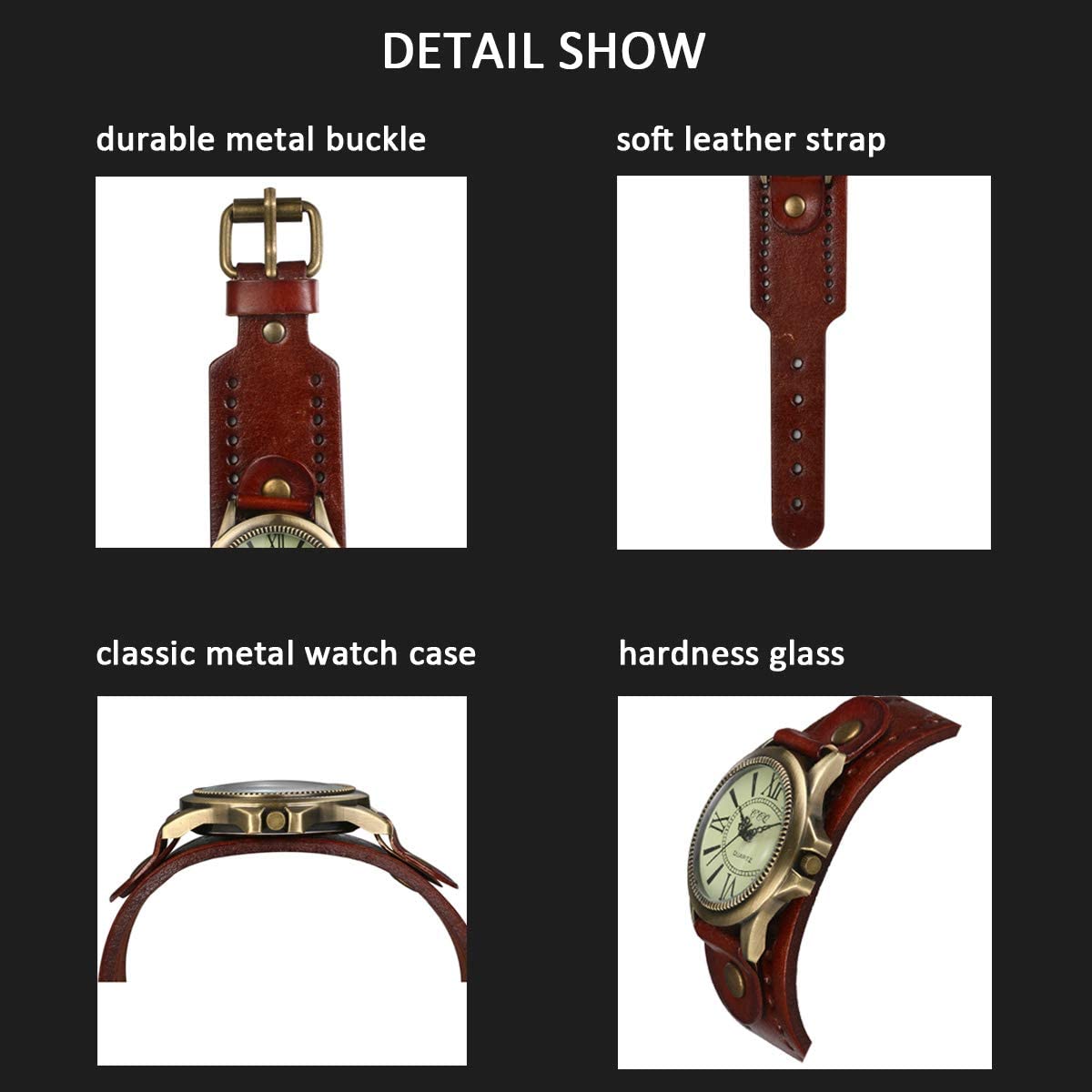 JewelryWe Vintage Wrist Watch Wide Leather Strap Band Cuff Quartz Watches for Men Women, for Valentine’s Day