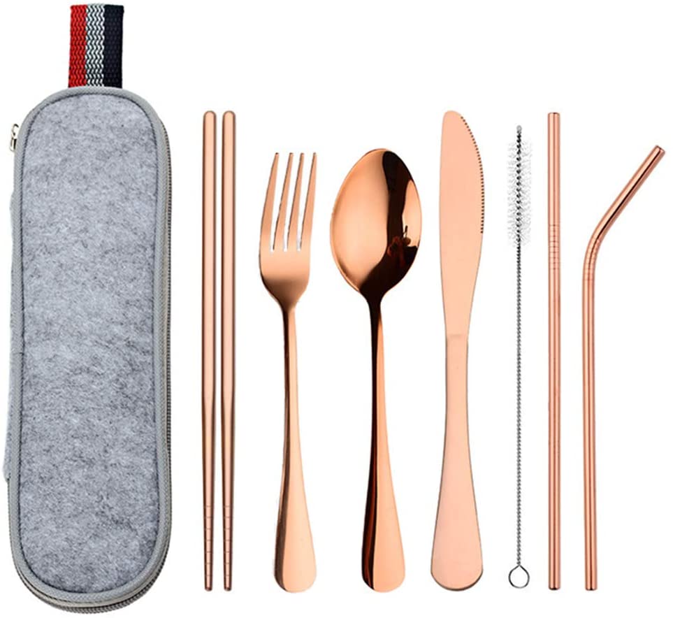 DZRZVD Portable Utensils Travel Camping Cutlery Set Including Knife Fork Spoon Chopsticks Cleaning Brush Straws Portable Case Stainless Steel Flatware Set