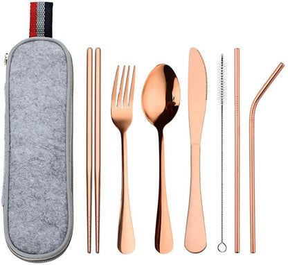 DZRZVD Portable Utensils Travel Camping Cutlery Set Including Knife Fork Spoon Chopsticks Cleaning Brush Straws Portable Case Stainless Steel Flatware Set