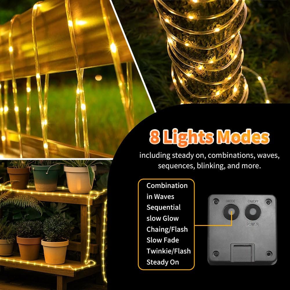 2-Pack Solar Rope Lights – 39FT 100 LED Waterproof Outdoor String Lights for Garden Decor