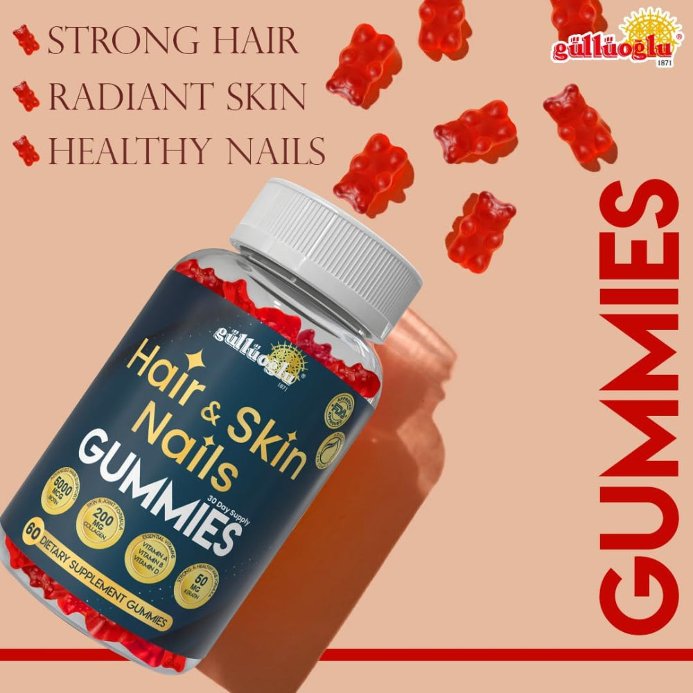Hair, Skin & Nails Gummies – Biotin 5000 mcg, Collagen 200 mg, Keratin 50 mg with MSM, Bamboo & Vitamins A, C, D, E, Gluten-Free, Non-GMO, 60 Gummies