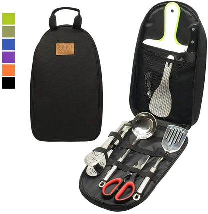 Gold Armour Camp Kitchen Utensil Organizer Travel Set Portable BBQ Camping Cookware Stainless Steel Utensils Travel Kit Outdoor Equipment Cutting Board Tongs Scissors Knife Ladle Spatula