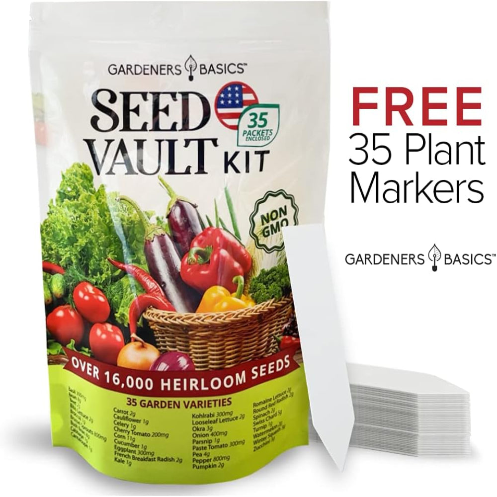 Garden Seed Kit – 16,000+ Non-GMO Heirloom Seeds – 35 Vegetable Varieties for Planting – Survival & Emergency Gardening Use – Includes 35 Free Plant Markers