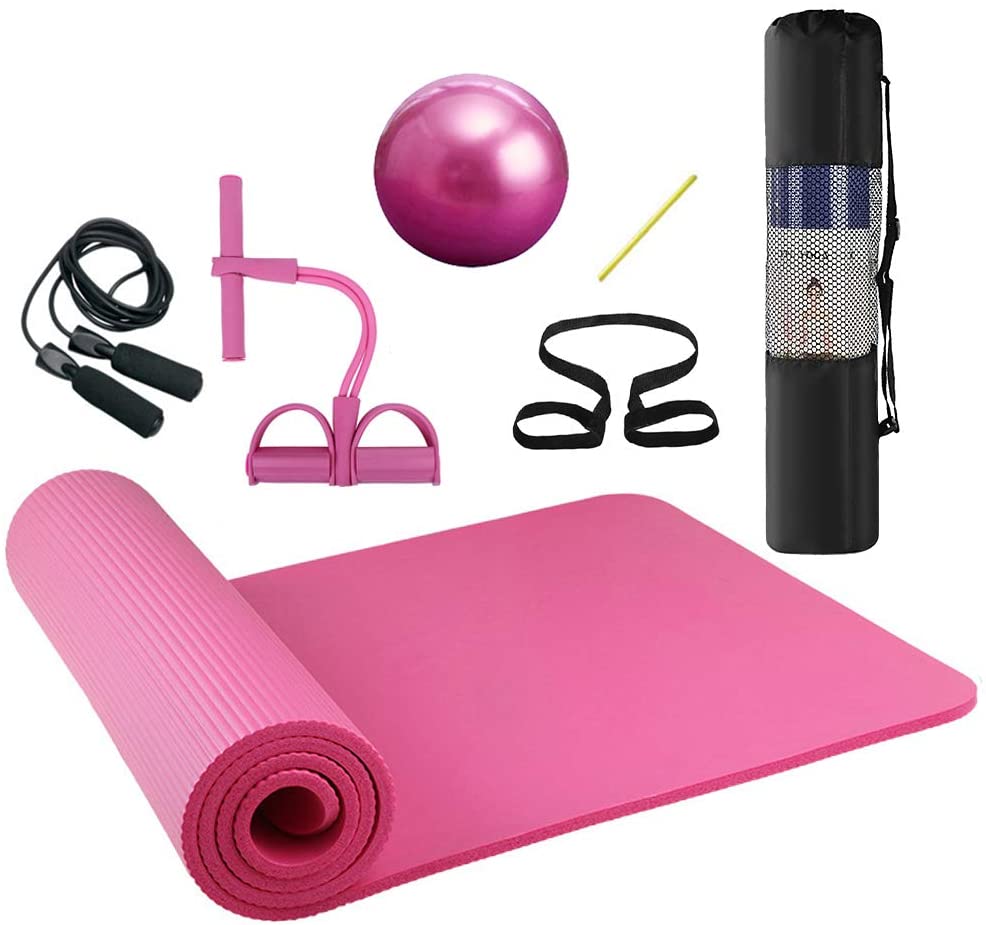 Lixada Yoga Mat Set - Include Exercise Ball,Jump Rope, Ankle Puller, Pilates Ball with Pipe, Yoga Mat with Carrying Strap and Storage Bag for Yoga, Pilates and Fitness(Optional)