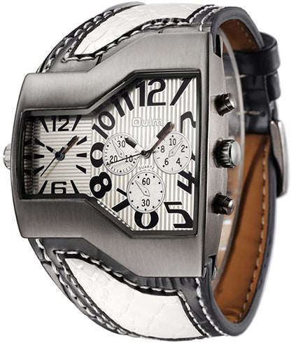 Mens Military Sports Watch Army Dual Time Movt Quartz Wristwatch with Leather Band Decorative Sub-dials