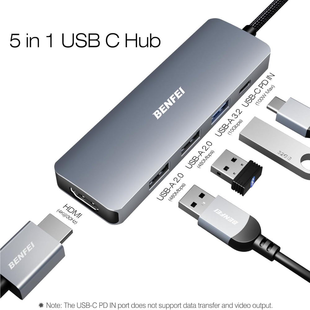 5-in-1 USB C Hub – 4K HDMI, 100W PD, 3 USB-A Ports – Aluminum Silicone Cable Adapter for MacBook, iPad, iPhone, Laptop