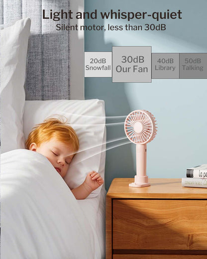 2-Pack Portable Handheld Fans – USB Rechargeable Mini Use – Ultra-Quiet with 3 Speeds & Phone Holder Base – All-Day Battery for Indoor & Outdoor – Pink