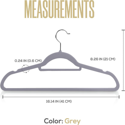 20-Pack Velvet Clothes Hangers – Non-Slip Use with Tie Bar – Heavy Duty Coat Hanger – 360° Rotatable Hook – Grey Finish