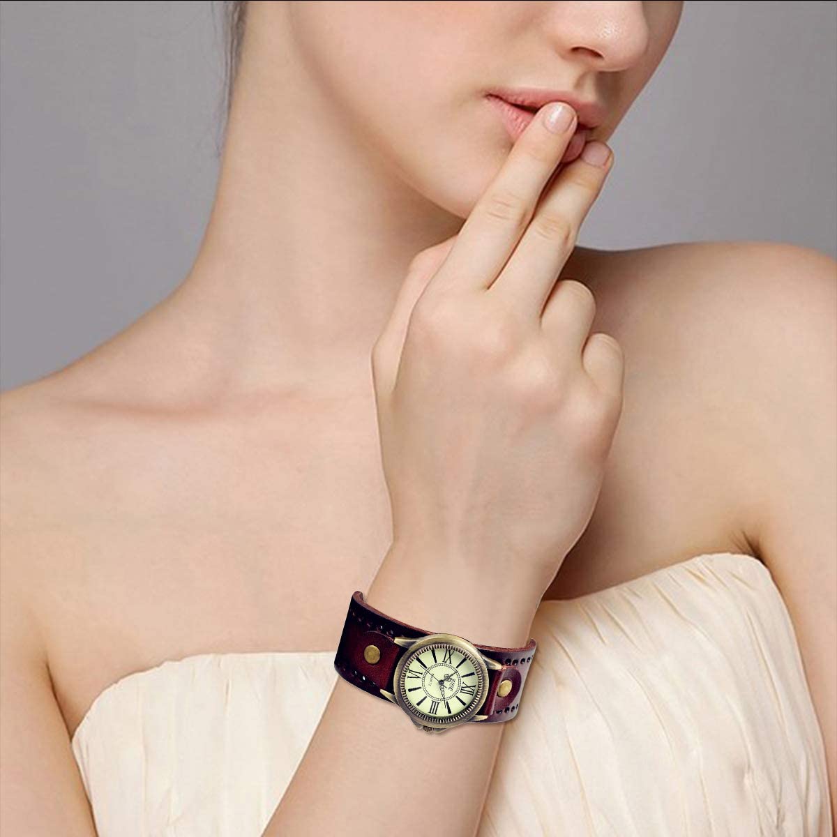 JewelryWe Vintage Wrist Watch Wide Leather Strap Band Cuff Quartz Watches for Men Women, for Valentine’s Day