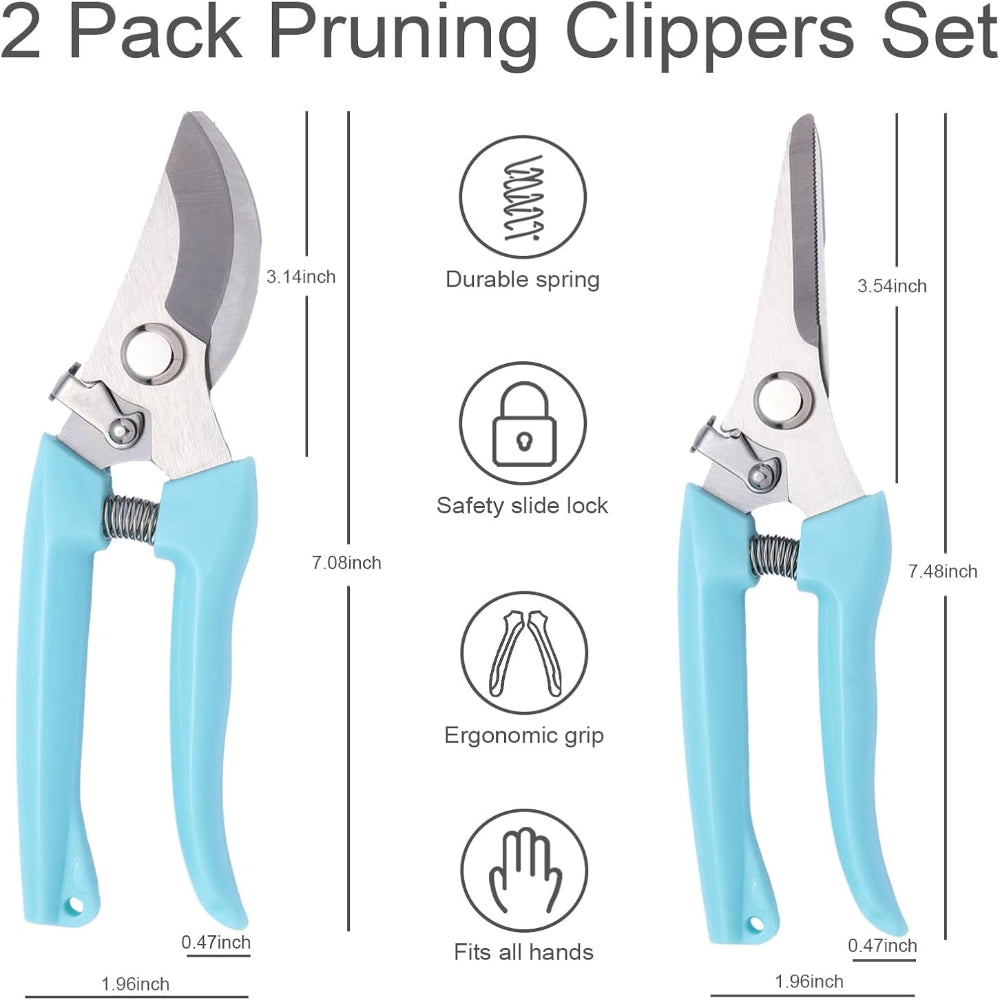 2-Pack Stainless Steel Pruning Shears – Sharp Bypass & Straight Blade Garden Scissors with Comfortable Grip & Safety Lock for Pruning, Cutting & Fruit Picking