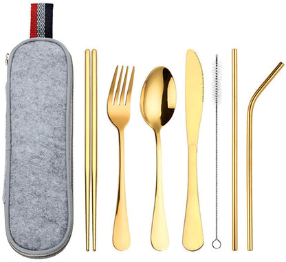 DZRZVD Portable Utensils Travel Camping Cutlery Set Including Knife Fork Spoon Chopsticks Cleaning Brush Straws Portable Case Stainless Steel Flatware Set