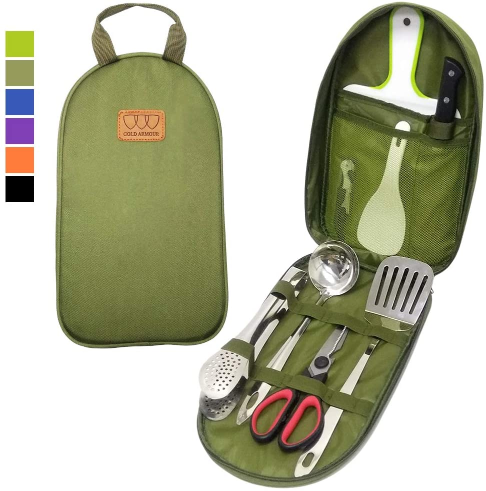 Gold Armour Camp Kitchen Utensil Organizer Travel Set Portable BBQ Camping Cookware Stainless Steel Utensils Travel Kit Outdoor Equipment Cutting Board Tongs Scissors Knife Ladle Spatula