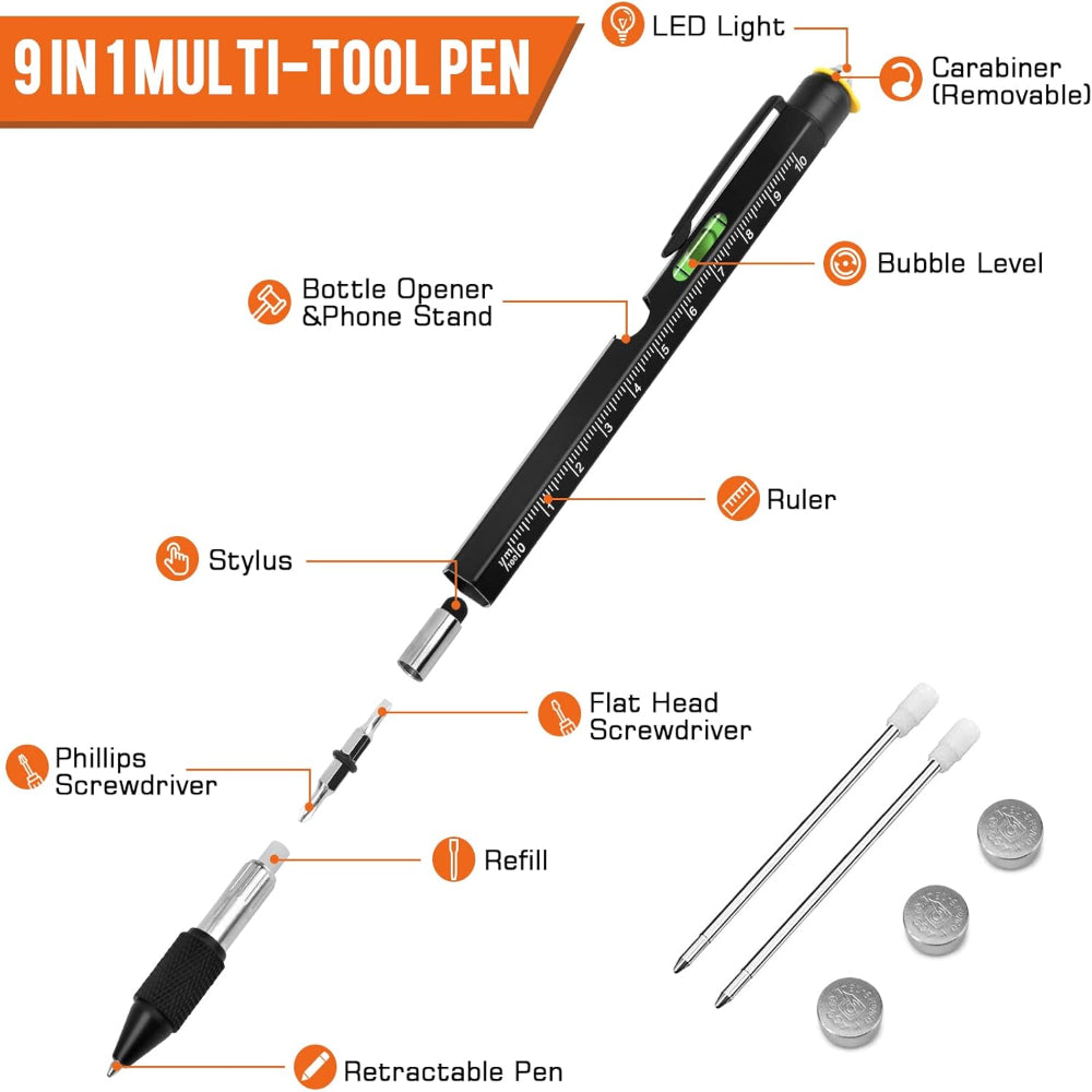 9-in-1 Multitool Pen – Multifunction Pocket Tool Use – Writing & Everyday Utility Tool – Includes Screwdriver, Stylus & Compact EDC Gadget