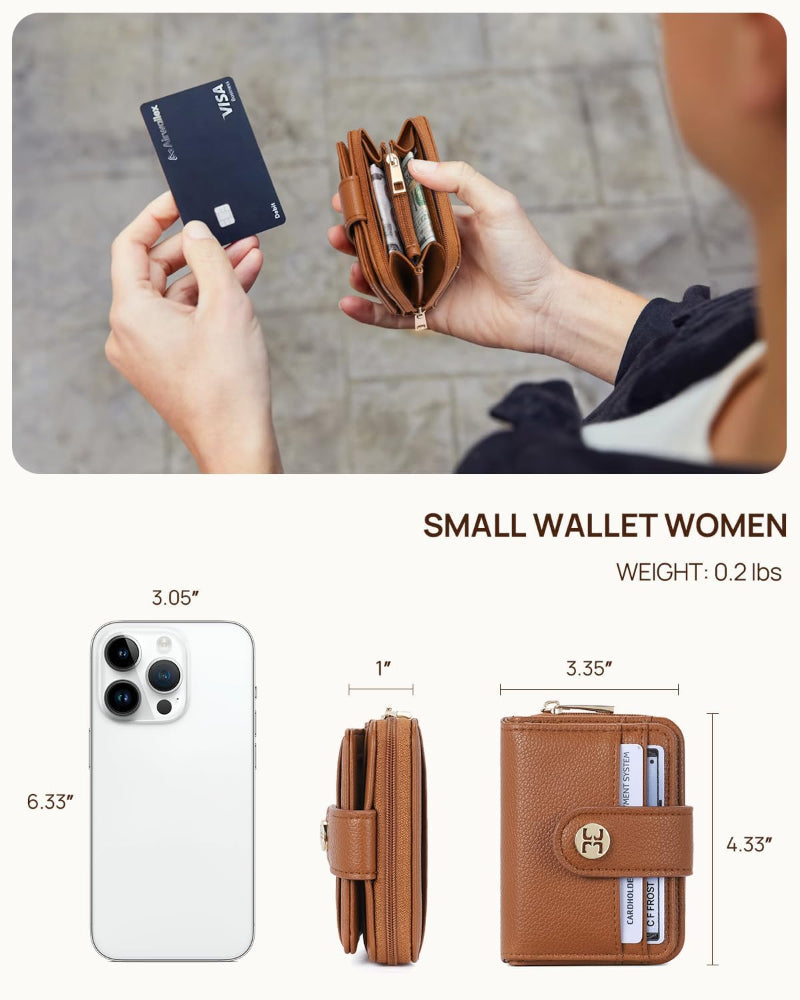 Small Bifold Wallet – RFID Blocking Card Holder – Pocket Carry Use – Zipper Coin Pocket – Leather Material for Women