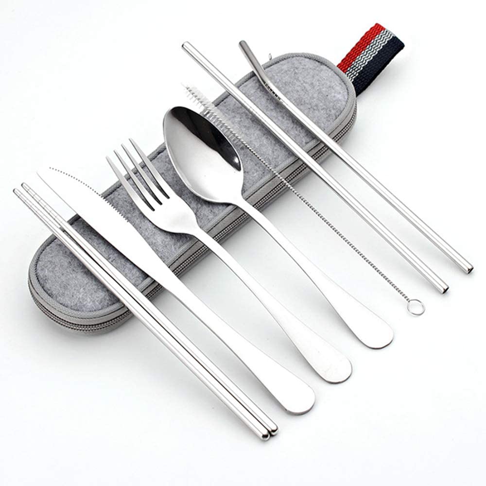 DZRZVD Portable Utensils Travel Camping Cutlery Set Including Knife Fork Spoon Chopsticks Cleaning Brush Straws Portable Case Stainless Steel Flatware Set