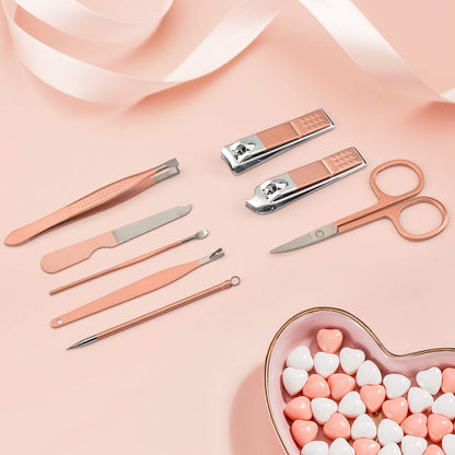 8-in-1 Manicure & Pedicure Set – Professional Stainless Steel Nail Grooming Tools – Includes Nail Scissors & Accessories – Pink Leather Travel Case