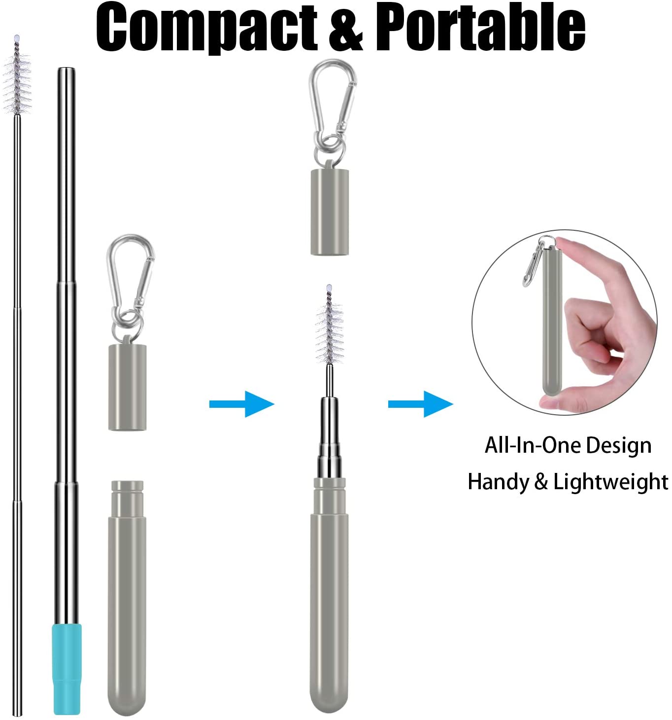 3 Pack Stainless Steel Reusable Collapsible Straws with Plastic Case and Long Cleaning Brush