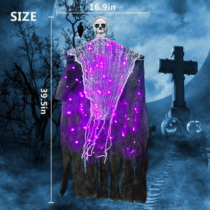 Hanging Halloween Ghosts Decorations, Grim Reaper with Halloween Purple String Lights for Halloween Indoor Outdoor Porch Party Decor