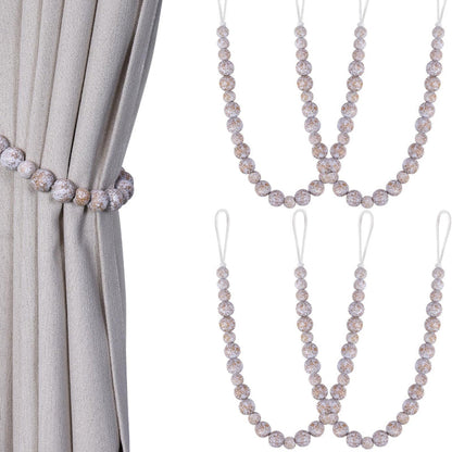 Wood Bead Curtain Tiebacks, Boho Farmhouse Curtain Holdbacks with Hooks