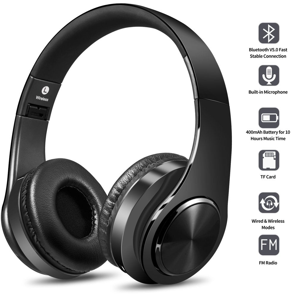 Bluetooth Over-Ear Headphones, Hi-Fi Stereo Wireless Foldable Headset with Soft Memory-Protein Earmuffs, Built-In Mic