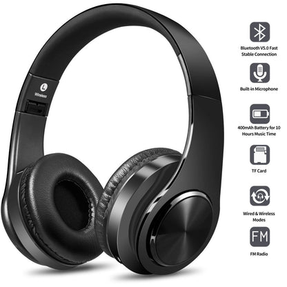Bluetooth Over-Ear Headphones, Hi-Fi Stereo Wireless Foldable Headset with Soft Memory-Protein Earmuffs, Built-In Mic