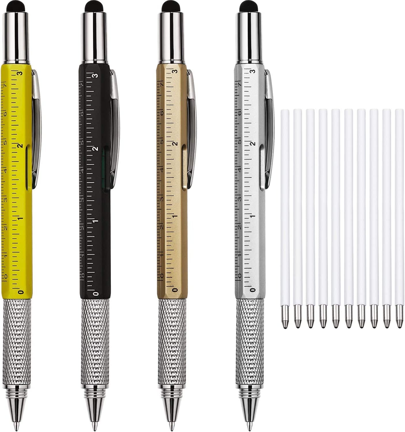 4 Pieces Gift Pen for Men 6 in 1 Multitool Tech Tool Pen Screwdriver Pen with Ruler, Levelgauge, Ballpoint Pen and Pen Refills, Unique Gifts for Men (Red, Green, Blue, Gray)