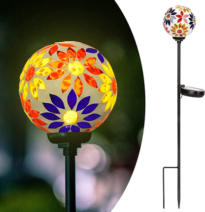 Solar Lights Outdoor Garden Decor - Mosaic Decorative Stakes Solar Powered Gazing Ball Light Landscape Solar Globe Lights for Yard Path Decoration