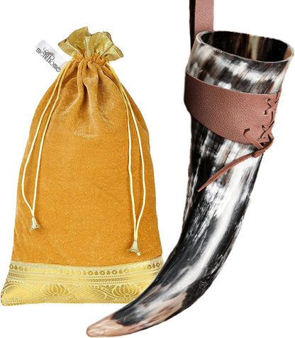 Engraved Medieval Norse Style Polished Drinking Horn Mug - with Horn Shot Glass | Bottle Opener | Golden Gift Bag | Large Horn Spoon | 20 Oz. (Carved Mug)