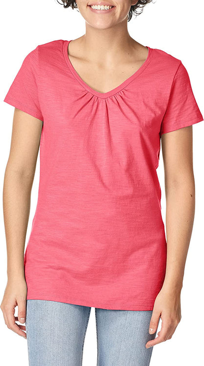 Hanes Women's Shirts, Slub Cotton Shirred V-Neck Tee, Cotton T-Shirts for Women, Women’s Tee Shirts
