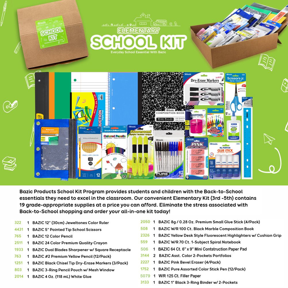  Elementary School Kit Supply Box 86 Count for Elementary Student 3-6 Grades, Composition Book Ruler, COLOR MAY VARY, 1-Pack