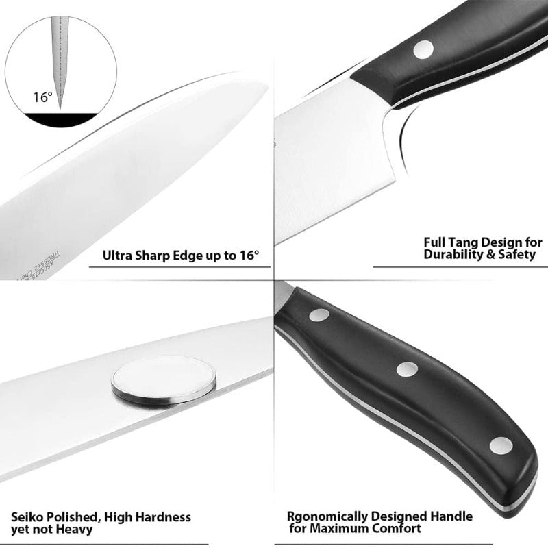 15-Piece Professional Chef Knife Set with Wooden Block, High Carbon Stainless Steel With Scissors, Knife Sharpener and 6 Serrated Steak Knives