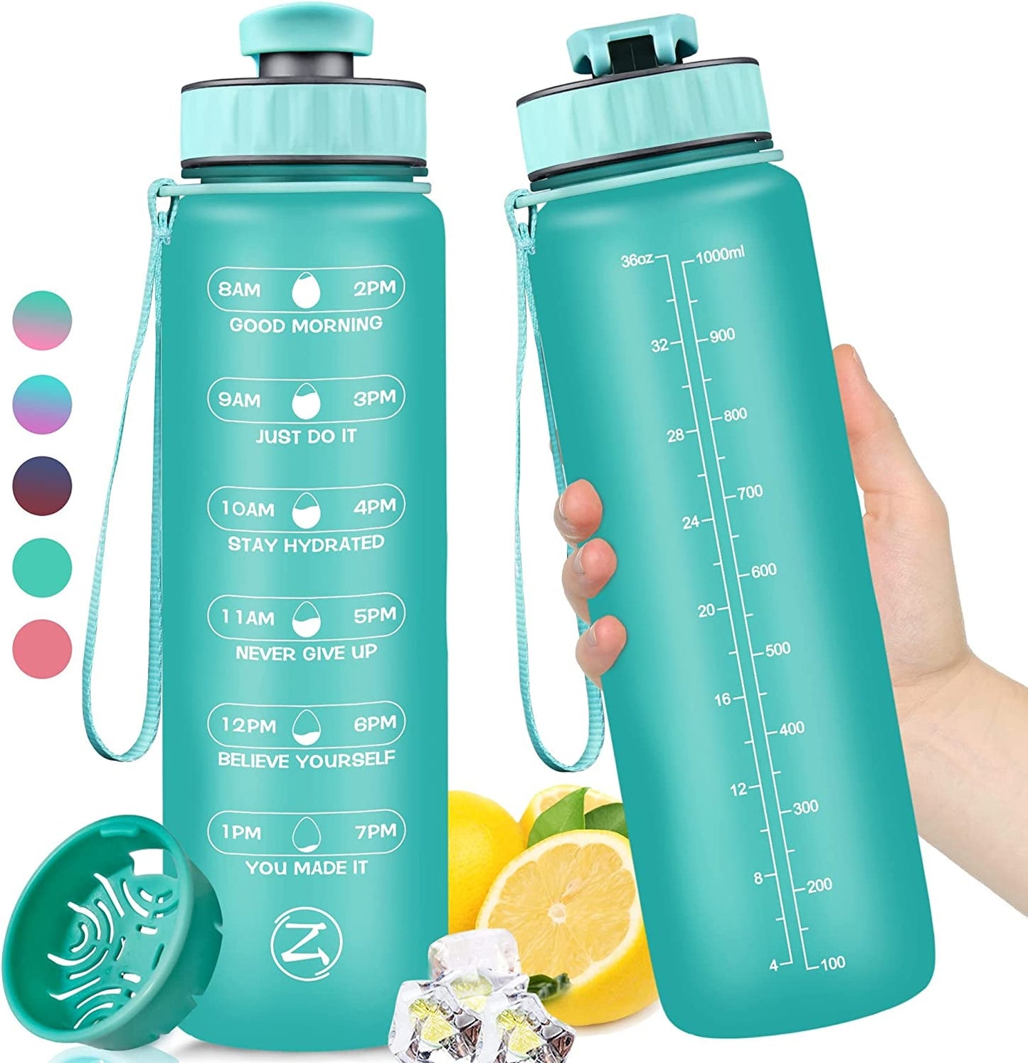  32oz Motivational Water Bottle with Times to Drink,Time Marker & Removable Strainer,Fast Flow,Leakproof Tritan BPA Free Non-Toxic Water Jug for Fitness,Gym,Sports