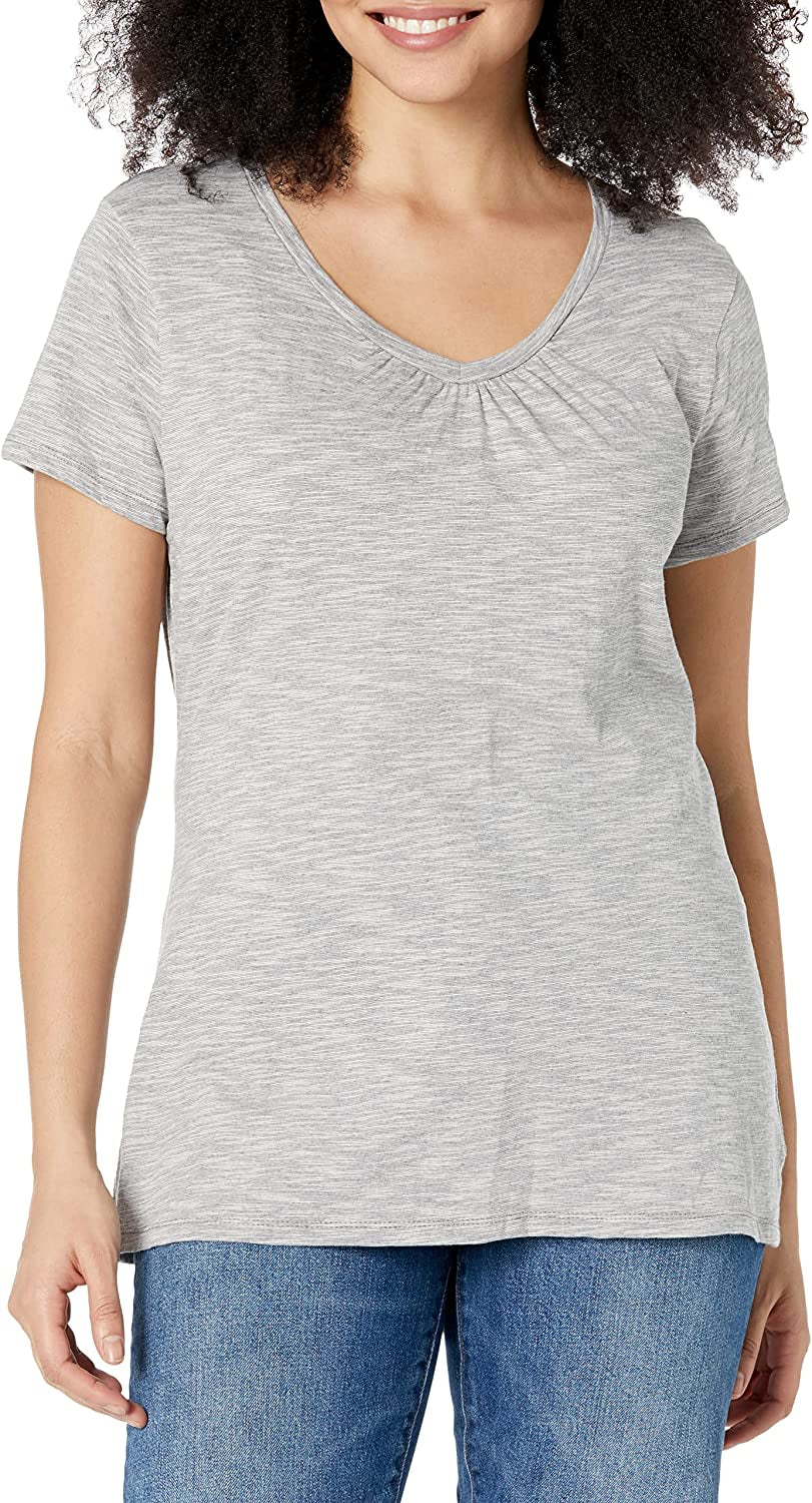 Hanes Women's Shirts, Slub Cotton Shirred V-Neck Tee, Cotton T-Shirts for Women, Women’s Tee Shirts