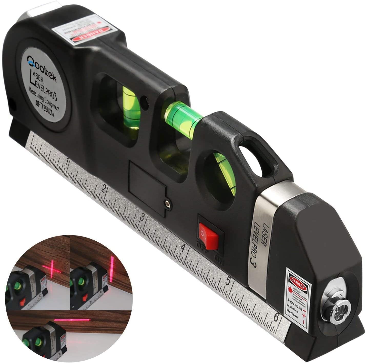 Laser Level Line Tool, Qooltek Multipurpose Cross Line Laser 8 feet Measure Tape Ruler Adjusted Standard and Metric Rulers for hanging pictures