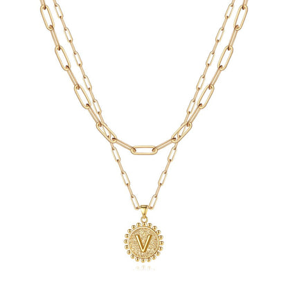Gold Initial Necklaces for Women Girls 14K Gold Plated Dainty Layering Paperclip Link Chain Necklace Coin Initial Layered Gold Necklaces for Women