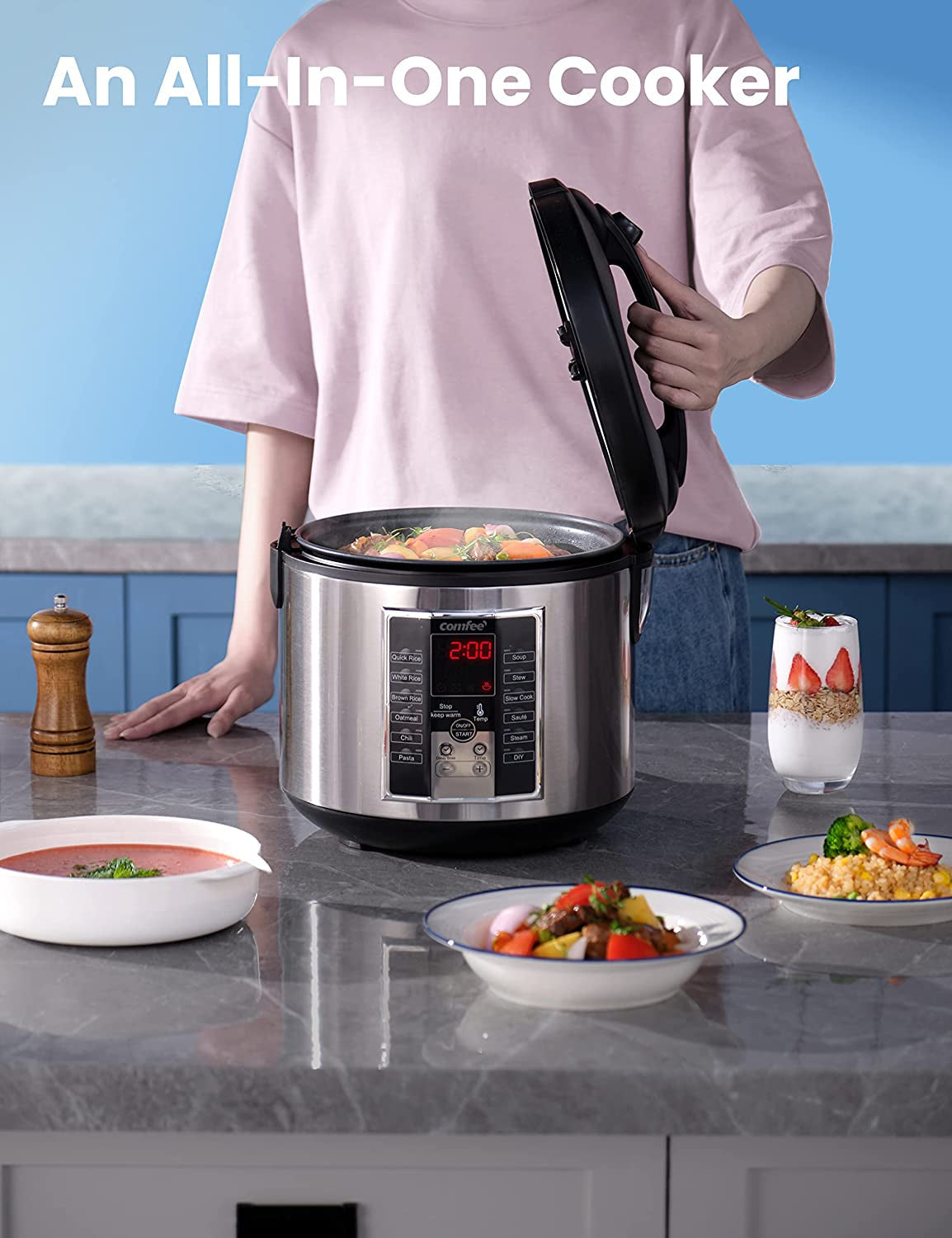 Rice Cooker, Slow Cooker, Steamer, Stewpot, Saute All in One (12 Digital Cooking Programs), 24 Hours Preset 