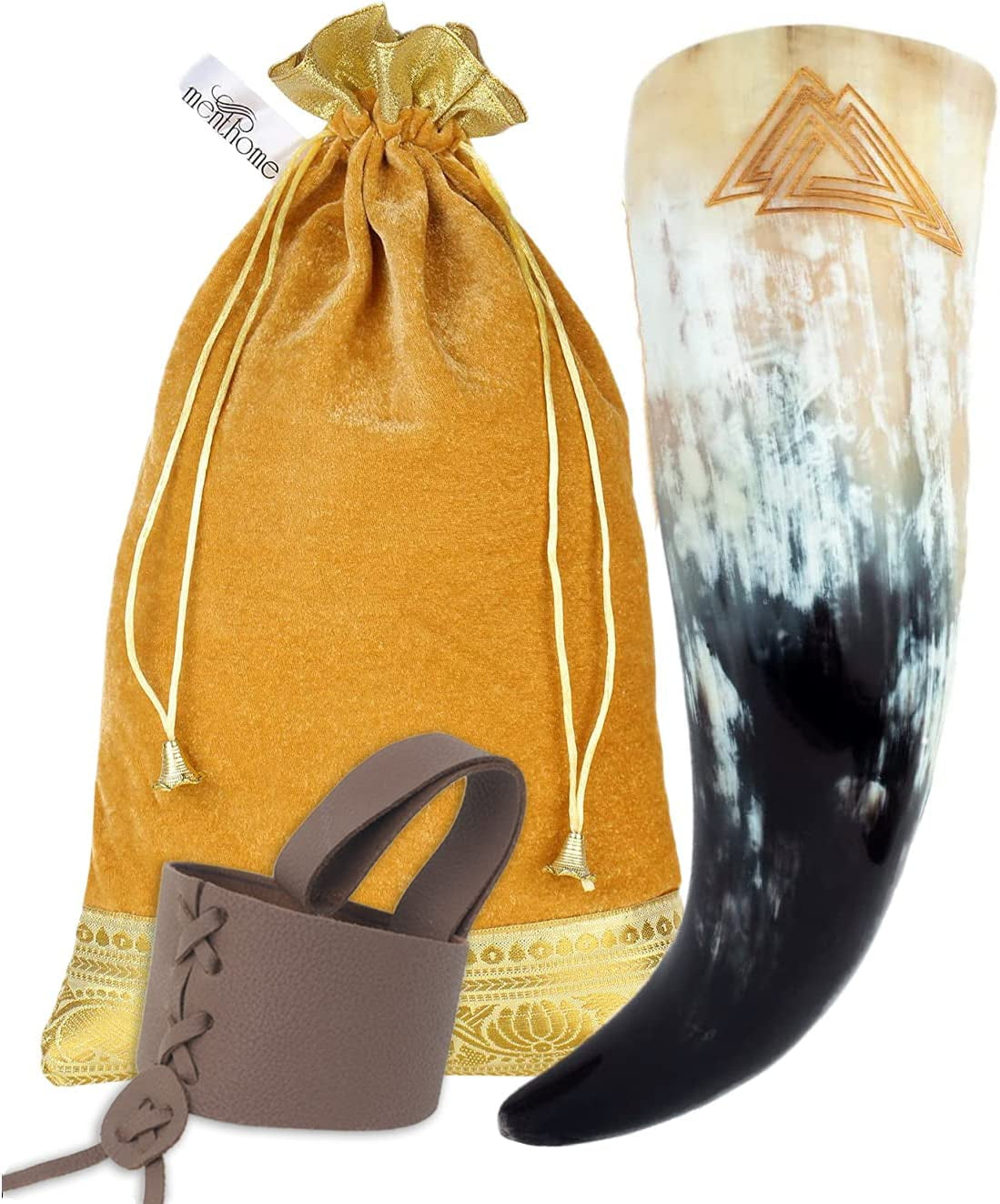 Engraved Medieval Norse Style Polished Drinking Horn Mug - with Horn Shot Glass | Bottle Opener | Golden Gift Bag | Large Horn Spoon | 20 Oz. (Carved Mug)