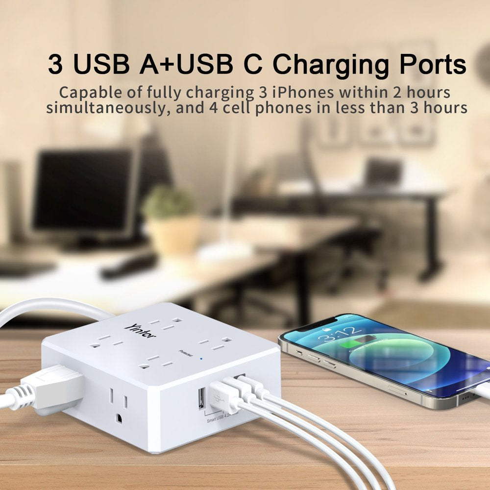 6 Ft Extension Cord Power Strip, 3 Side 8 Widely Surge Protector Outlets with 4 USB Ports,Flat Plug,Wall Mount,Etl,White