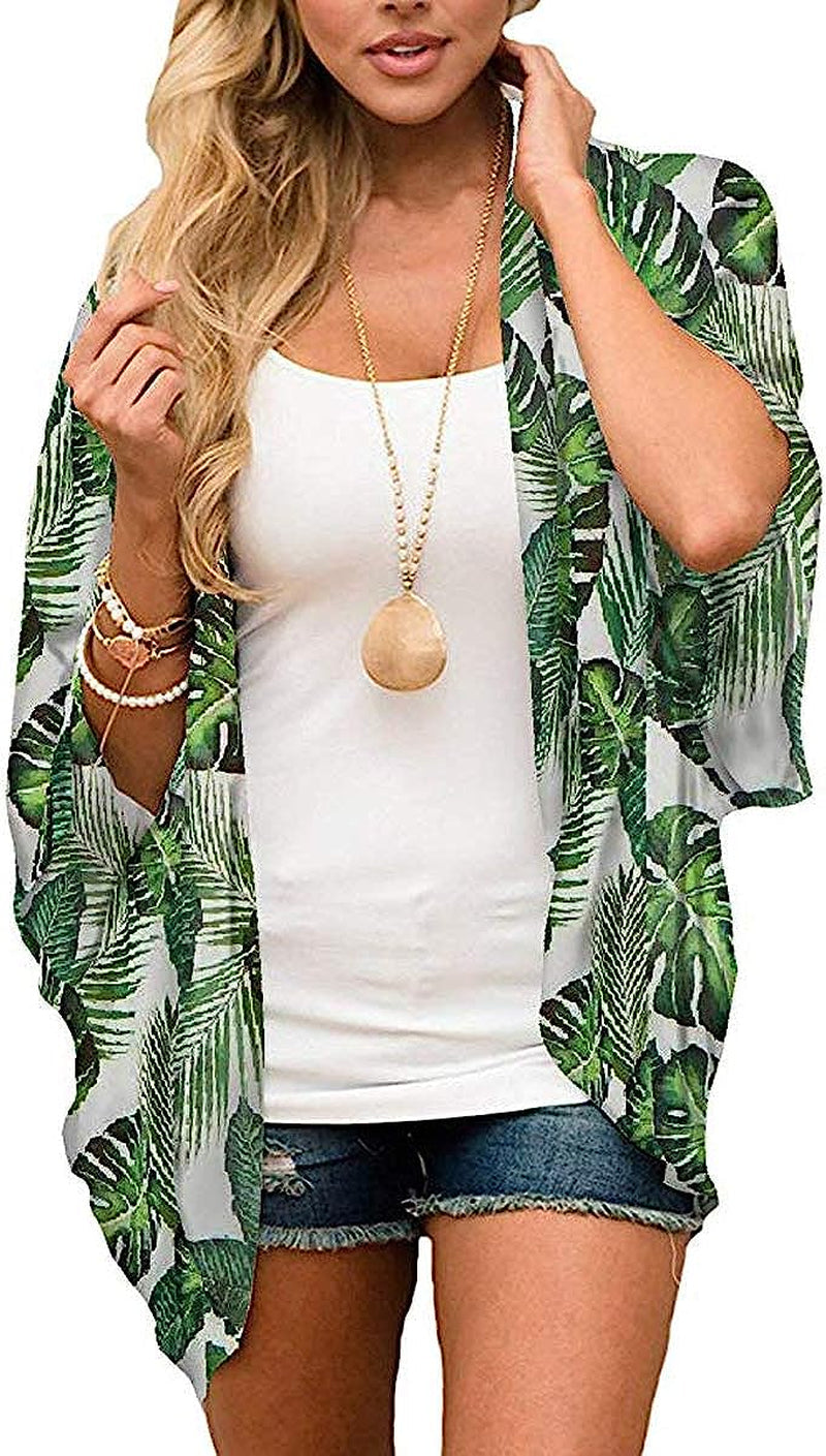  Women Floral Leaf Kimono Summer Cardigan Sheer Loose Half Sleeve Beach Shawl Chiffon Cover Up Casual Blouse Tops