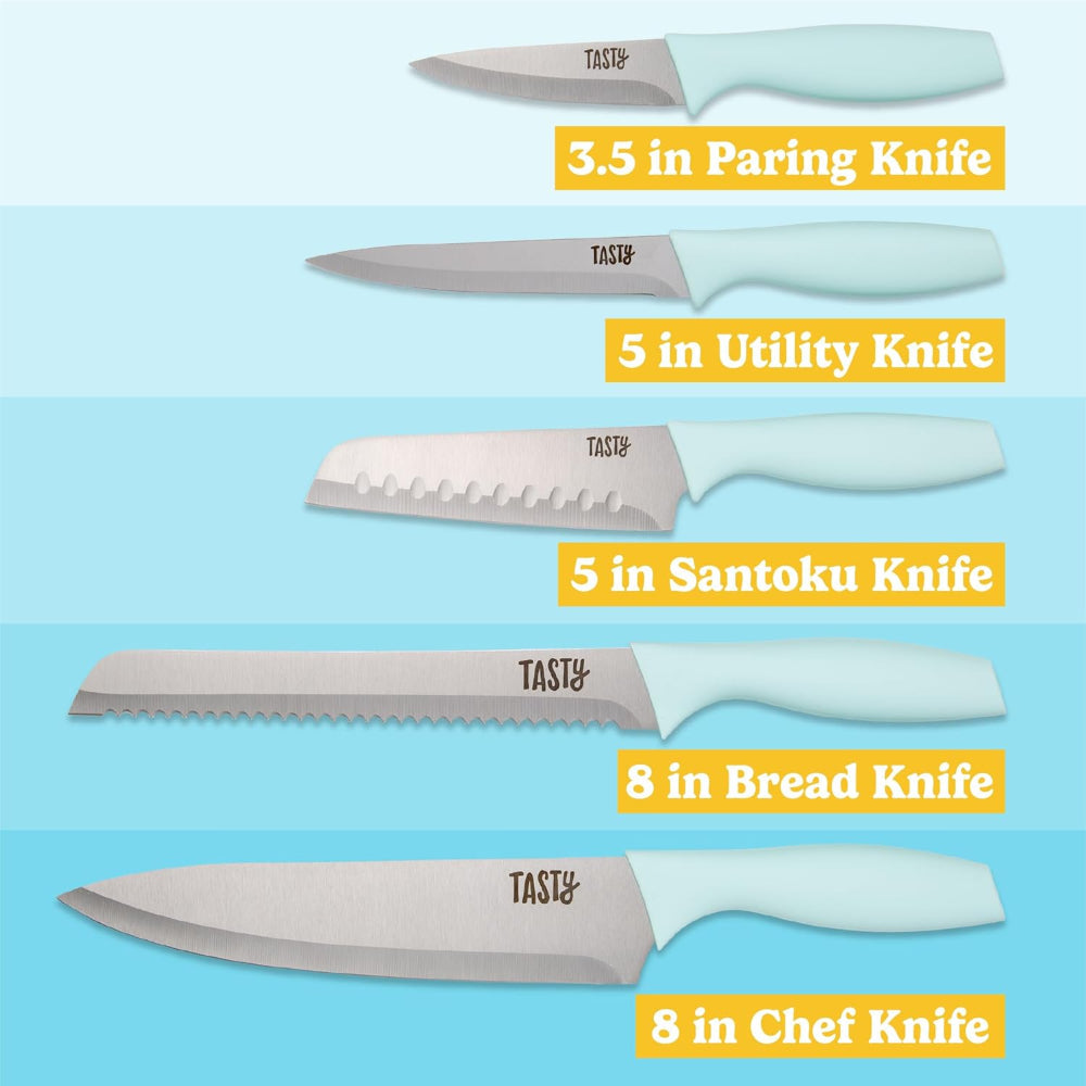 6-Piece Kitchen Knife Set – Space-Saving In-Drawer Organizer – Chef, Bread, Santoku, Utility & Paring Knives, Aqua